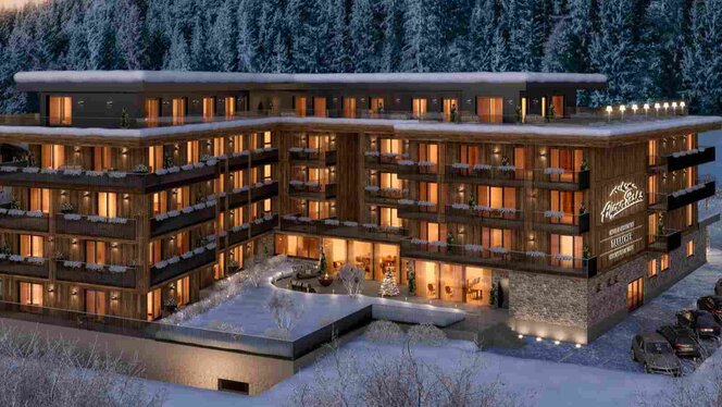 Alpenparks Taxacher Kirchberg in Tirol Abendliche Winteraufnahme des AlpenParks Taxacher in Kirchberg in Tirol, Österreich. Moderne Ferienimmobilien inmitten schneebedeckter Landschaft und Wälder, ideal für Investitionen in den österreichischen Alpen. Luxuriöse Apartments mit Balkonen, gemütlich beleuchtet, perfekt für Wintersport und Erholung.