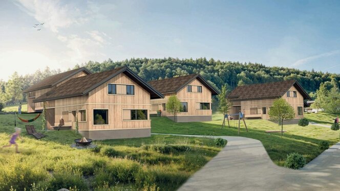 Ferienchalets im Grünen – Sommer in Bazora Drei Ferienchalets in Holzbauweise im Sommer am Waldrand in Bazora bei Frastanz, Vorarlberg